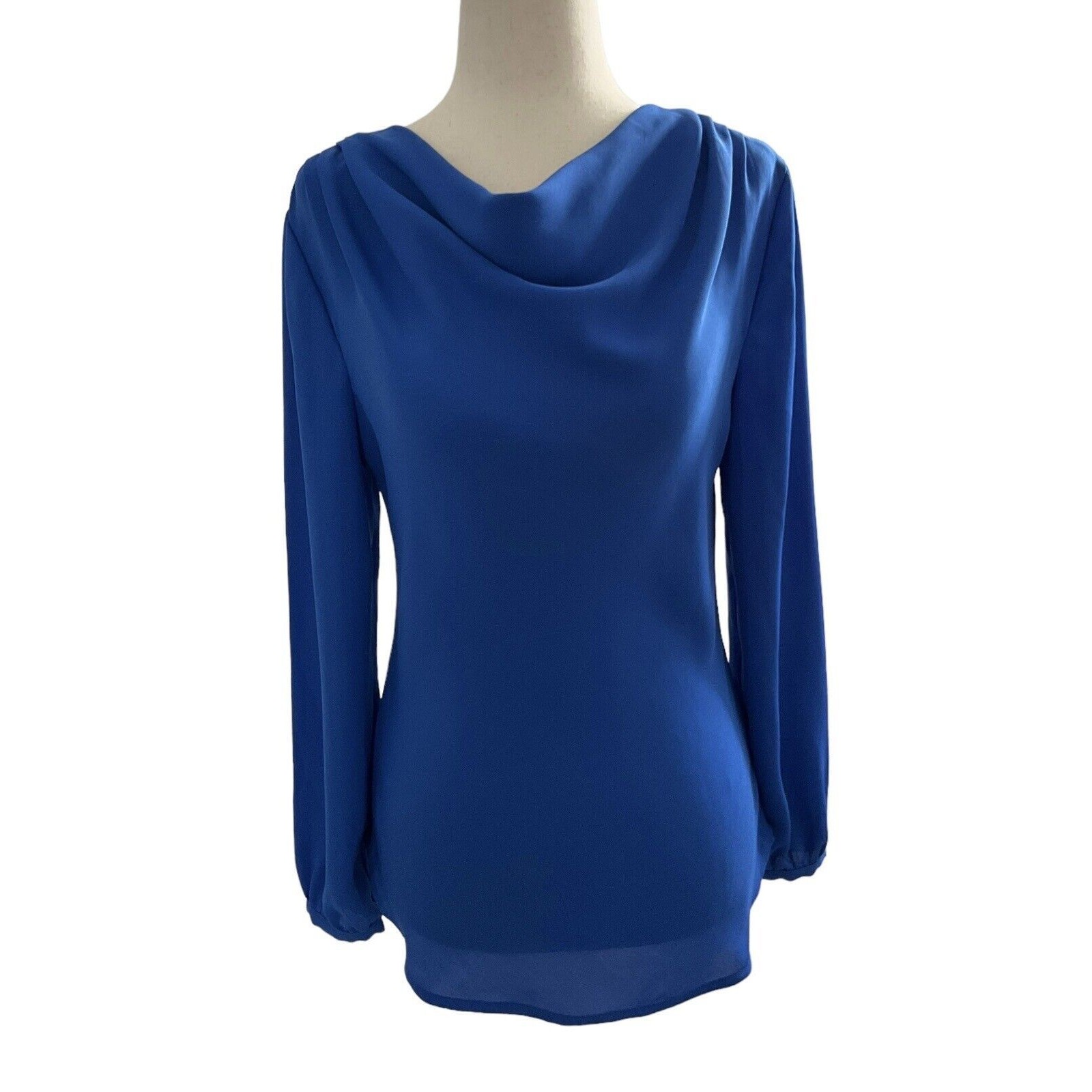 Lands End Women Size 4 Petite Blue Blouse Cowl Neck Long Sleeve Top 16-206